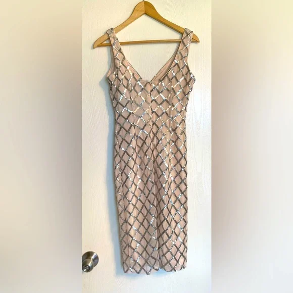 Boohoo Midi V Cut Neckline Thigh Split Sequin Cream Dress Women Petite Zero - Picture 7 of 14